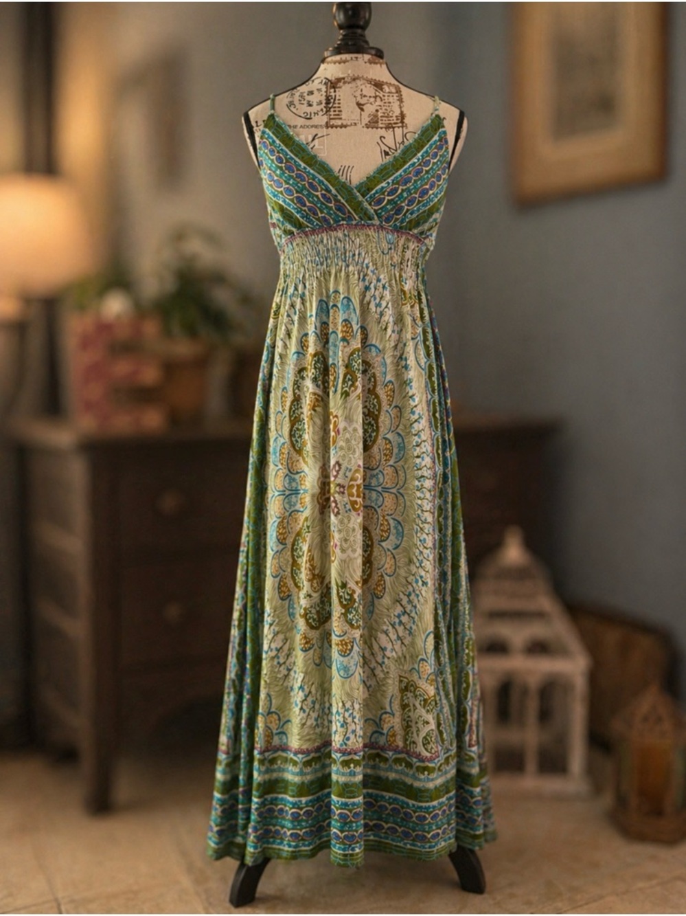 She’s Cool Green and Blue Multicolored Boho Medallion Maxi Dress Size L